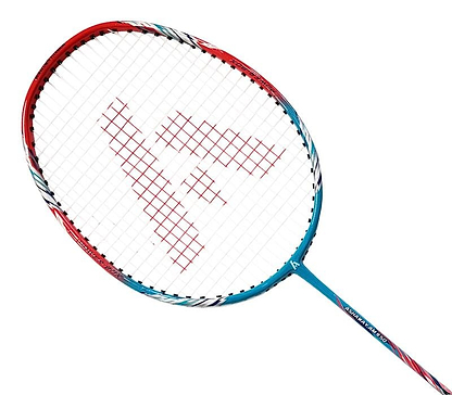 Introducing the Ashaway AM 9SQ Badminton Racket - Red / Turquoise, crafted by Ashaway. This racket showcases a striking design with red, white, and blue colors. It features a carbon shaft designed for superior power control and precision. The strings are adorned with a unique red logo pattern, while the frame beautifully incorporates both red and blue hues.
