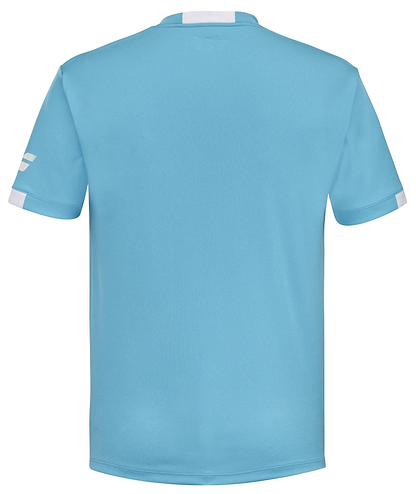 A cyan blue badminton T-shirt with short sleeves, featuring white bands on the sleeve edges. Crafted with Fiber Dry technology, this Babolat Play Men's Crew Neck T-Shirt ensures comfort and performance. The back remains plain, without any visible branding or design elements.