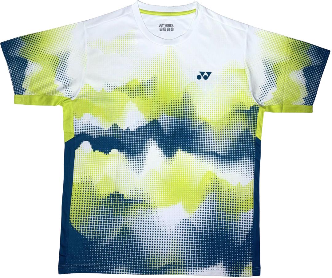 The Yonex YTM2025A Mens Badminton T-Shirt features performance fabric, a pixelated yellow, white, and navy design, short sleeves, and a small Yonex logo on the chest. Brand: Yonex. Color: White.