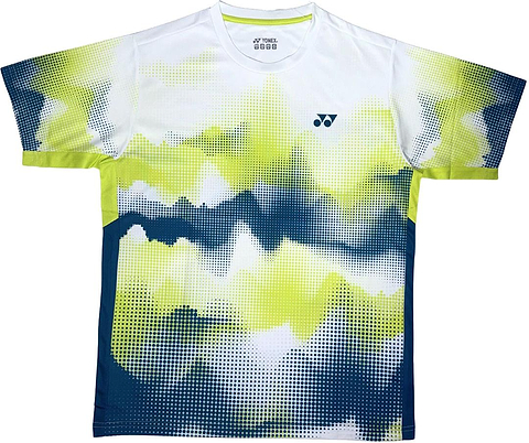 The Yonex YTM2025A Mens Badminton T-Shirt features performance fabric, a pixelated yellow, white, and navy design, short sleeves, and a small Yonex logo on the chest. Brand: Yonex. Color: White.
