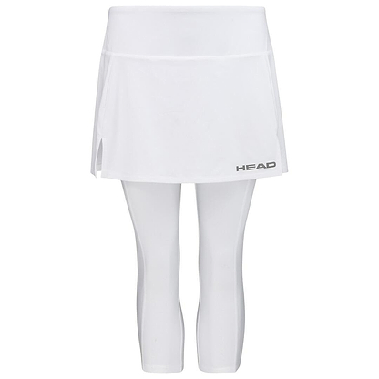HEAD Womens Club 3/4 Tights Badminton Skort in white, featuring a small side slit and the "HEAD" logo in gray on the lower left front. Made with Moisture Transfer Microfibre to ensure you stay cool and comfortable.