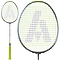 The Ashaway Phantom Shard 4 4U badminton racket features a yellow grip and strings with a bold gray logo on the head. An enlarged view showcases the logo against vibrant strings, complemented by the sleek silver frame, integrating advanced Shardtech technology for top performance.