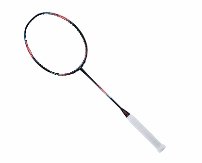 The Li-Ning Axforce 90 Tiger Max badminton racket, also known as Molten Lava, showcases a black frame made from military-grade carbon fiber and a white grip handle, angled slightly to the right against a plain white background.