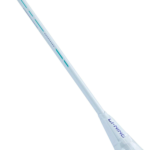 A close-up of the Li-Ning Axforce 10 4U Badminton Racket - Pearl White (Strung) features a white shaft with teal details and "LI-NING" in purple near the cone, highlighting its signature head-heavy balance.