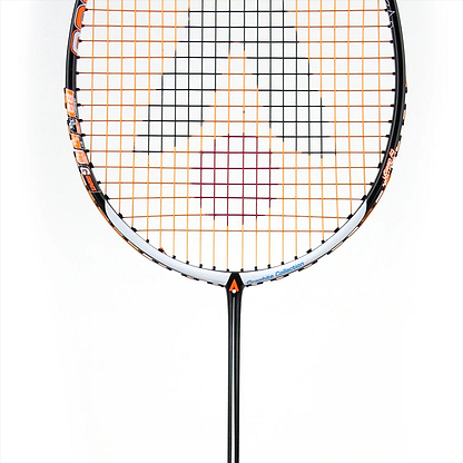 The Karakal Black Zone BZ 30 2.1 Badminton Racket boasts an isometric head with a black and orange frame, white strings, and a bold orange design on the strings. Its sleek black handle ensures a firm grip for intense matches.