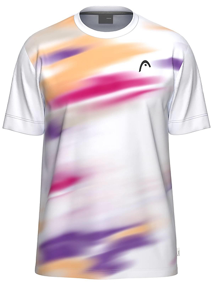 The HEAD Blur Mens Badminton T-Shirt - PUXU is a white sports tee featuring abstract brushstroke patterns in purple, pink, orange, and yellow, a small black logo on the chest, and moisture-wicking fabric for comfort.