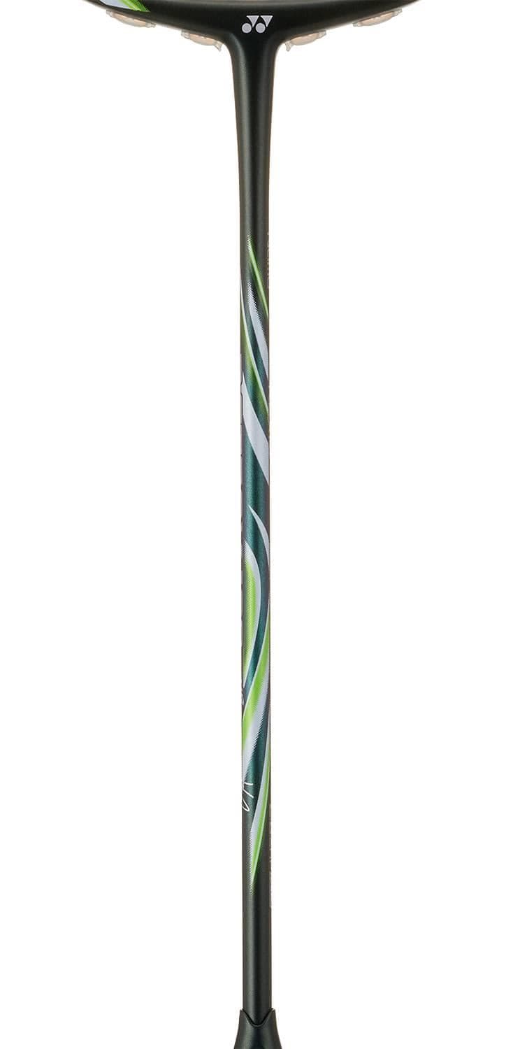 The Yonex Astrox 100 Tour VA Viktor Axelsen 4U Badminton Racket in Olive Green is shown upright against a white background, featuring a black shaft with curved green, white, and silver accents—a true Viktor Axelsen Signature edition.