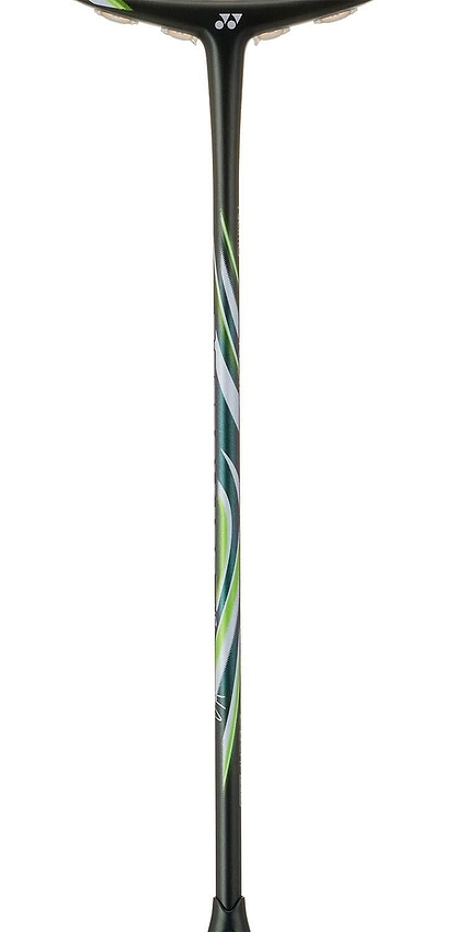 The Yonex Astrox 100 Tour VA Viktor Axelsen 4U Badminton Racket in Olive Green is shown upright against a white background, featuring a black shaft with curved green, white, and silver accents—a true Viktor Axelsen Signature edition.