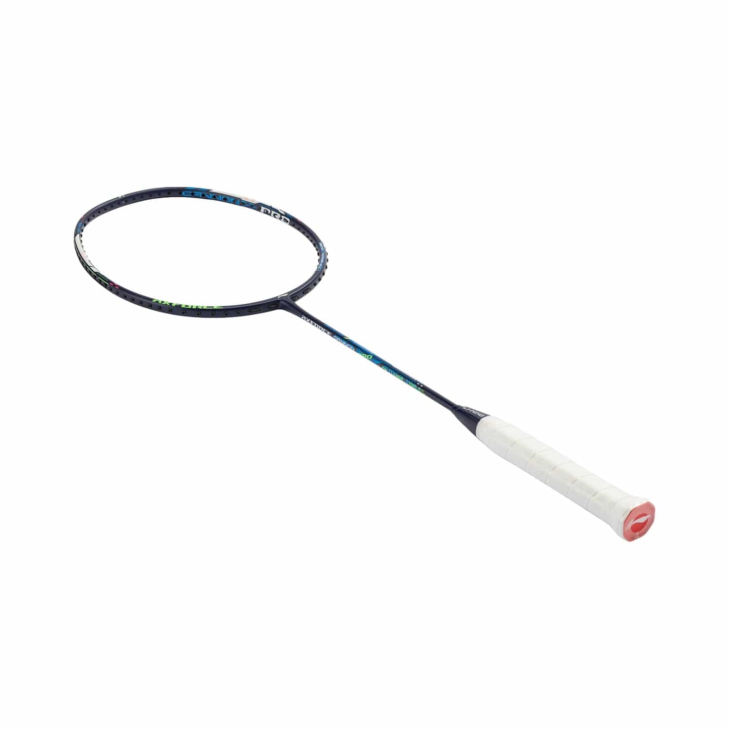 The Li-Ning Axforce Cannon Pro 4U Badminton Racket - Blue is a stylish blue racket featuring a circular frame and a white grip, along with minimalist designs and the signature red cap at the handle's end. It is optimized for exceptional play thanks to its Shock Absorption System.