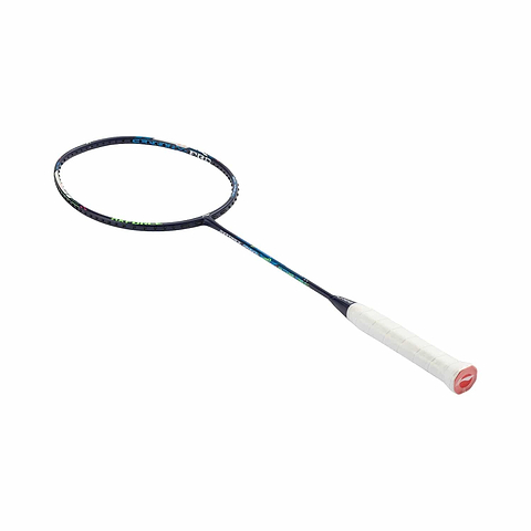 The Li-Ning Axforce Cannon Pro 4U Badminton Racket - Blue is a stylish blue racket featuring a circular frame and a white grip, along with minimalist designs and the signature red cap at the handle's end. It is optimized for exceptional play thanks to its Shock Absorption System.