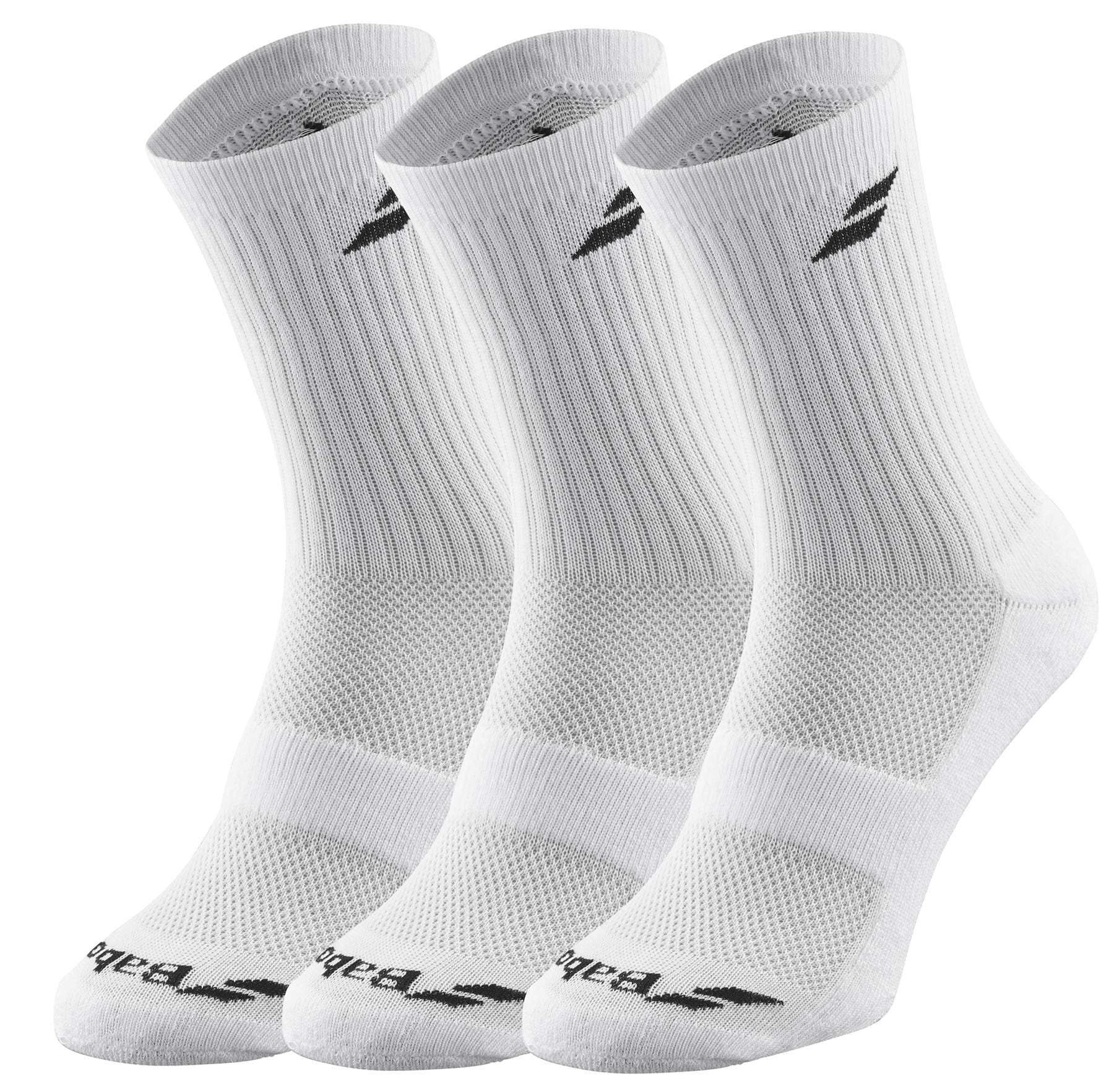 The Babolat Long 3 Pack Badminton Socks in white come with a ribbed upper and ventilated zones for enhanced breathability. These socks feature a chic black logo at the top, providing comfort and support during intense badminton matches.