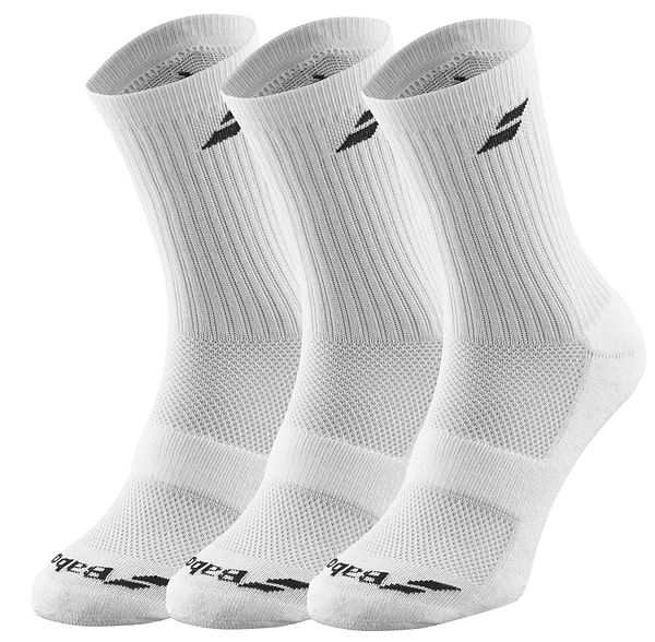 The Babolat Long 3 Pack Badminton Socks in white come with a ribbed upper and ventilated zones for enhanced breathability. These socks feature a chic black logo at the top, providing comfort and support during intense badminton matches.
