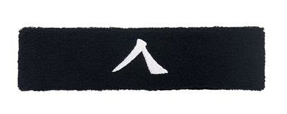 The Kanso 4cm Headband - Black, made from absorbent fabric, showcases a distinctive white triangular logo against its black design for ultimate comfort.