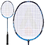 Close-up of a Karakal Black Zone BZ 50 2.1 badminton racket, featuring a sleek black handle and vibrant blue frame. The isometric square head design showcases strings in a precise grid pattern, elegantly highlighting the Fast Fibre Graphite construction from various angles.