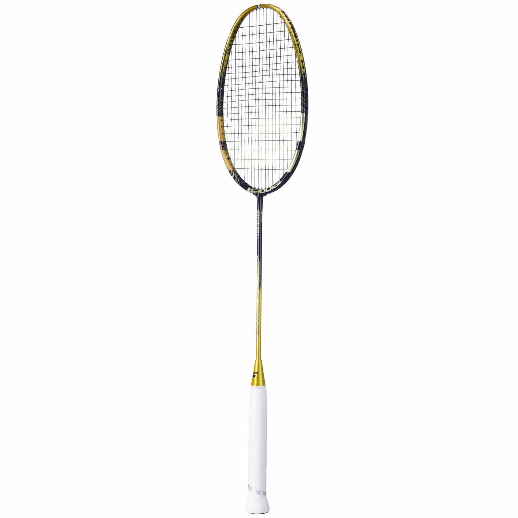 The Babolat Jetstream 83 4U Badminton Racket, featuring a gold and black frame, tightly strung strings, and a white grip handle, offers enhanced maneuverability with its slender shaft connecting the handle to the oval-shaped head.