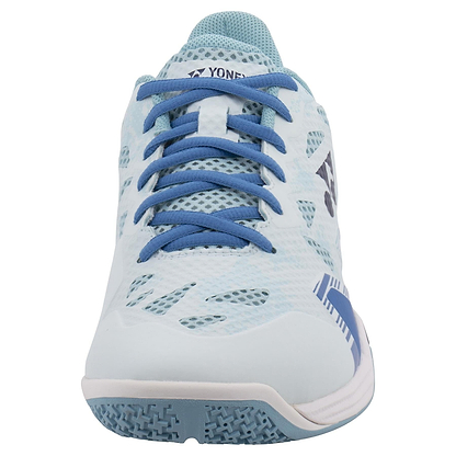 The Yonex Power Cushion Eclipsion Z3 Wide men's badminton shoes in light blue feature a mesh design with dark blue accents. They have a logo on the tongue and sides, and a textured sole for grip. These stability shoes offer ultimate comfort, enhanced by Yonex Power Cushion technology.
