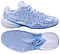 The Babolat Shadow 4 Womens Badminton Shoes in Snow Blue feature a mesh upper, textured sole, white laces, and Babolat branding, shown from side and bottom views.