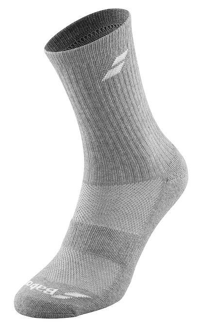 Gray crew socks with a ribbed texture, featuring small white logos near the top and toe. The Babolat Long 3 Pack Badminton Socks in White, Blue, and Grey offer comfort and support. They are displayed against a white background with detailed views highlighting their weave and ventilated zones for enhanced breathability.