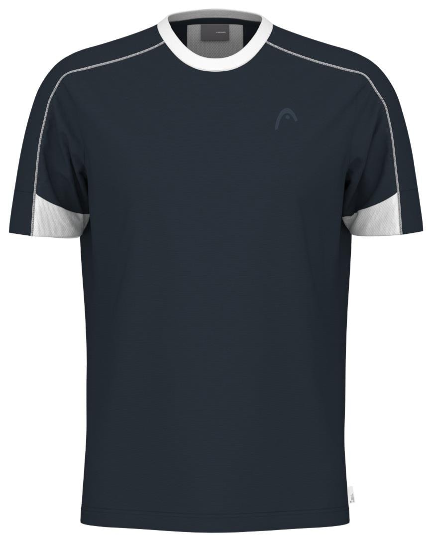 The HEAD Play Tech Mens Badminton T-Shirt - Navy by HEAD is a short-sleeved athletic top in dark navy with white trim, made from breathable fabric with moisture-wicking microfiber, shown against a plain white background.