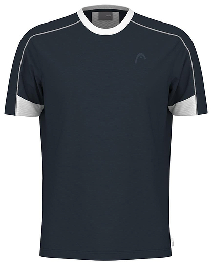 The HEAD Play Tech Mens Badminton T-Shirt - Navy by HEAD is a short-sleeved athletic top in dark navy with white trim, made from breathable fabric with moisture-wicking microfiber, shown against a plain white background.
