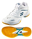 The Yonex Power Cushion 65Z4 Women’s Badminton Shoes in white feature blue and yellow accents, a patterned yellow-green sole for grip, and are ideal for advanced players. Shown from the side and bottom views.