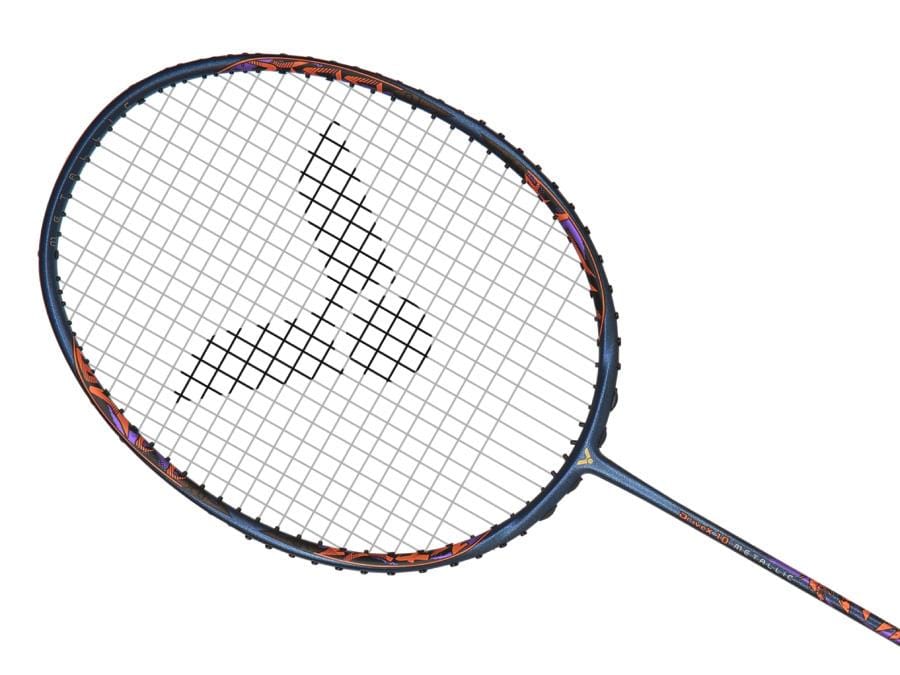 Introducing the Victor DriveX 10 Metallic B Badminton Racket - Blue by Victor, featuring a dark frame adorned with vibrant accents on the sides and a distinctive white grid-like string pattern. Its durable Metallic Carbon Shaft guarantees superior performance, all displayed elegantly against a plain white background for enhanced focus.