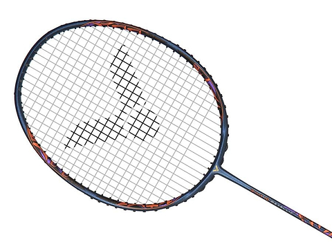 Introducing the Victor DriveX 10 Metallic B Badminton Racket - Blue by Victor, featuring a dark frame adorned with vibrant accents on the sides and a distinctive white grid-like string pattern. Its durable Metallic Carbon Shaft guarantees superior performance, all displayed elegantly against a plain white background for enhanced focus.