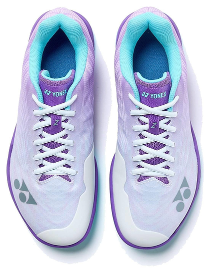 A pair of Yonex Power Cushion Aerus Z2 Wide Men's Badminton Shoes in indigo with Yonex logos on the tongues and sides, viewed from above.