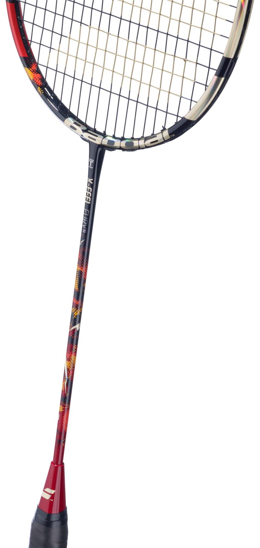 The Babolat X-Feel Fury 2026 3U Badminton Racket by Babolat features a black grip, slender shaft with red accents, and a dark/light patterned head frame designed to enhance power.