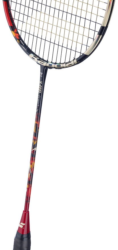 The Babolat X-Feel Fury 2026 3U Badminton Racket by Babolat features a black grip, slender shaft with red accents, and a dark/light patterned head frame designed to enhance power.