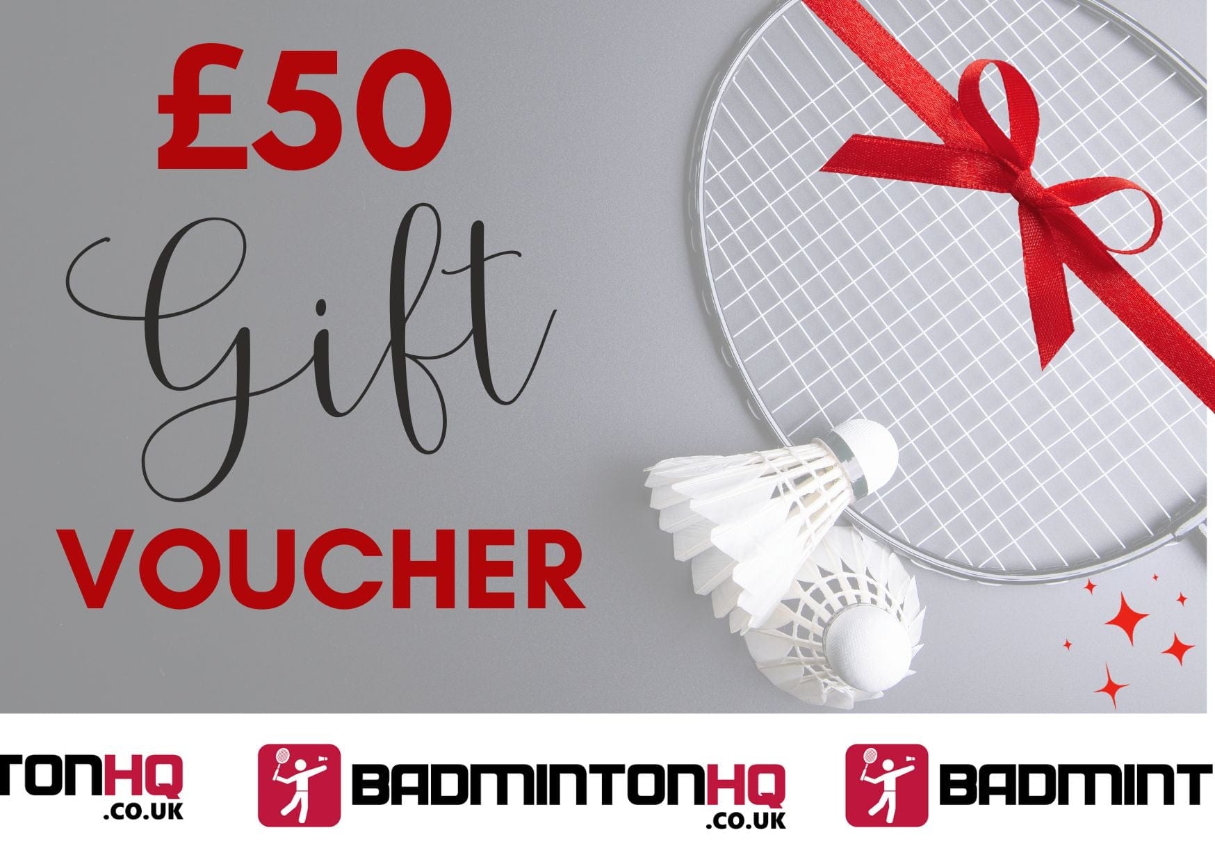 The BadmintonHQ Gift Card (£50–£500) features a racket with a red ribbon, two shuttlecocks, and stylish text on grey, with BadmintonHQ branding below—an ideal digital gift for badminton fans.