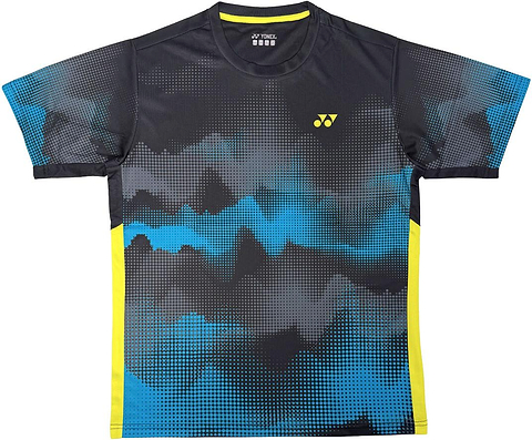 The Yonex YTL2025B Womens Badminton T-Shirt features a black base with blue and gray digital patterns, yellow side panels, a small yellow chest logo, and is made from breathable sports fabric.