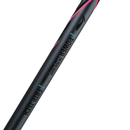 A close-up of the Li-Ning Axforce 80 3U Badminton Racket - Black shaft shows "Power", "Grip Tech," and other specs in blue and white text, highlighting advanced Li-Ning technology.