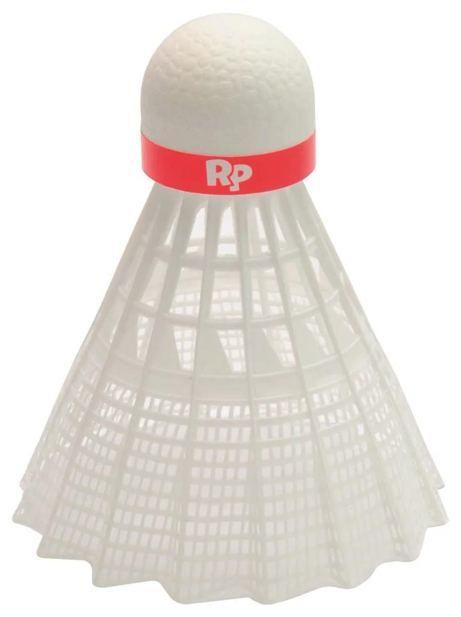 The Sure Shot The Racket Pack Nylon Badminton Shuttlecocks are white plastic with a red "RP" band, designed for precision and durability. They feature a conical open skirt and rounded tip, ideal for badminton players seeking quality performance.