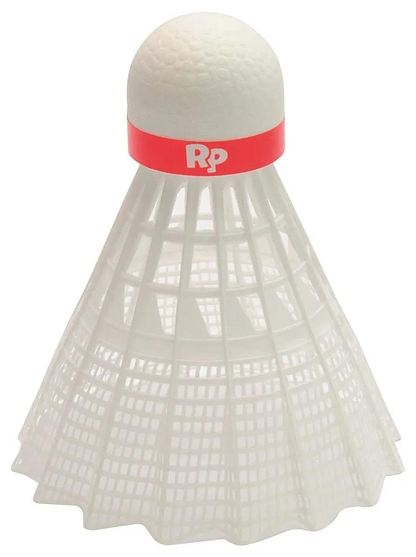 The Sure Shot The Racket Pack Nylon Badminton Shuttlecocks are white plastic with a red "RP" band, designed for precision and durability. They feature a conical open skirt and rounded tip, ideal for badminton players seeking quality performance.