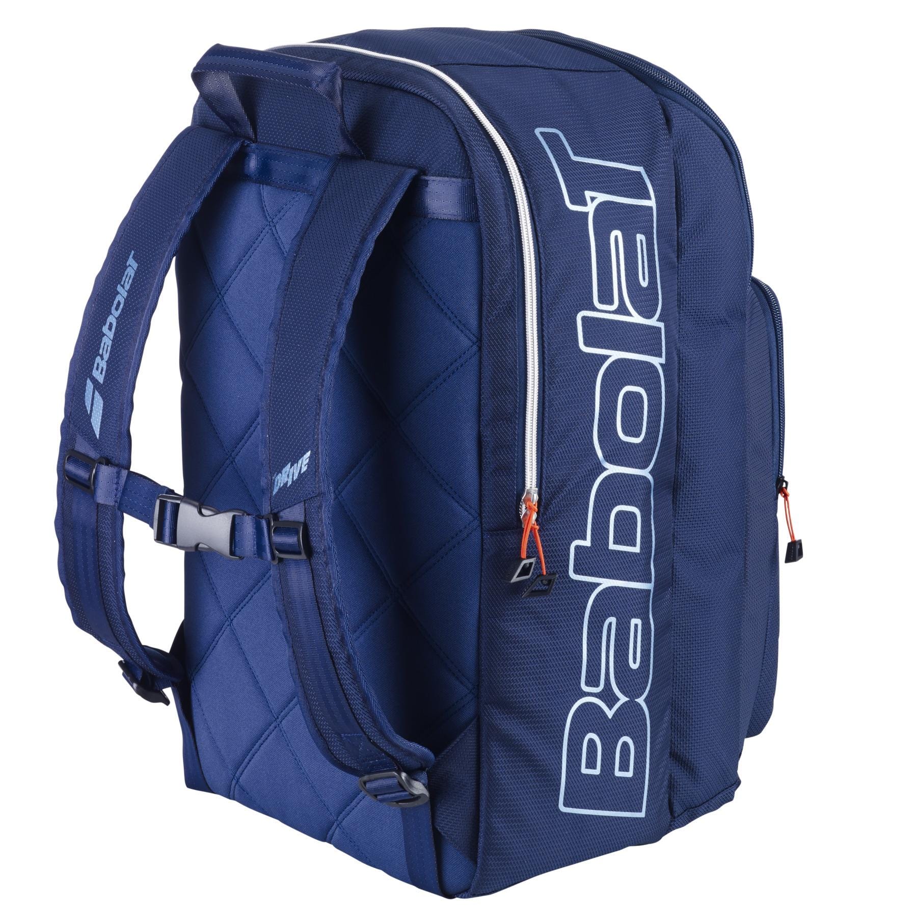 The Babolat Pure Drive Badminton Backpack - Blue is ideal for badminton gear, with padded shoulder straps and spacious zippered compartments. The quilted fabric enhances style, and the side displays the Babolat brand.