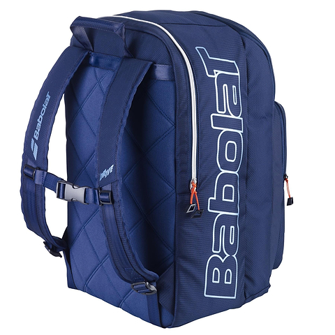 The Babolat Pure Drive Badminton Backpack - Blue is ideal for badminton gear, with padded shoulder straps and spacious zippered compartments. The quilted fabric enhances style, and the side displays the Babolat brand.