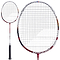 A Babolat X-Feel Origin 2026 3U Badminton Racket in silver and red is shown with a black grip against a white background. The image displays both a full view and a close-up of the racket head, ideal for intermediate to advanced players.