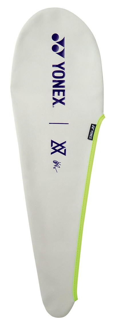 A white Yonex Astrox 100 Tour VA Viktor Axelsen racket cover features purple Yonex branding and logo, a black side tag, Viktor Axelsen signature, and neon yellow trim along one edge.