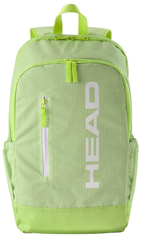 Introducing the HEAD BASE Badminton Backpack 17L - SG: a light green design with two main compartments, including a racket compartment, plus a smaller zippered front pocket, side pocket, and white vertical logo. It features green handles and adjustable shoulder straps for versatility.