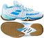 The Babolat Shadow 4 Womens Badminton Shoes - White Lagoon are shown from the side and bottom, highlighting a textured brown sole, blue accents, and the Babolat logo.