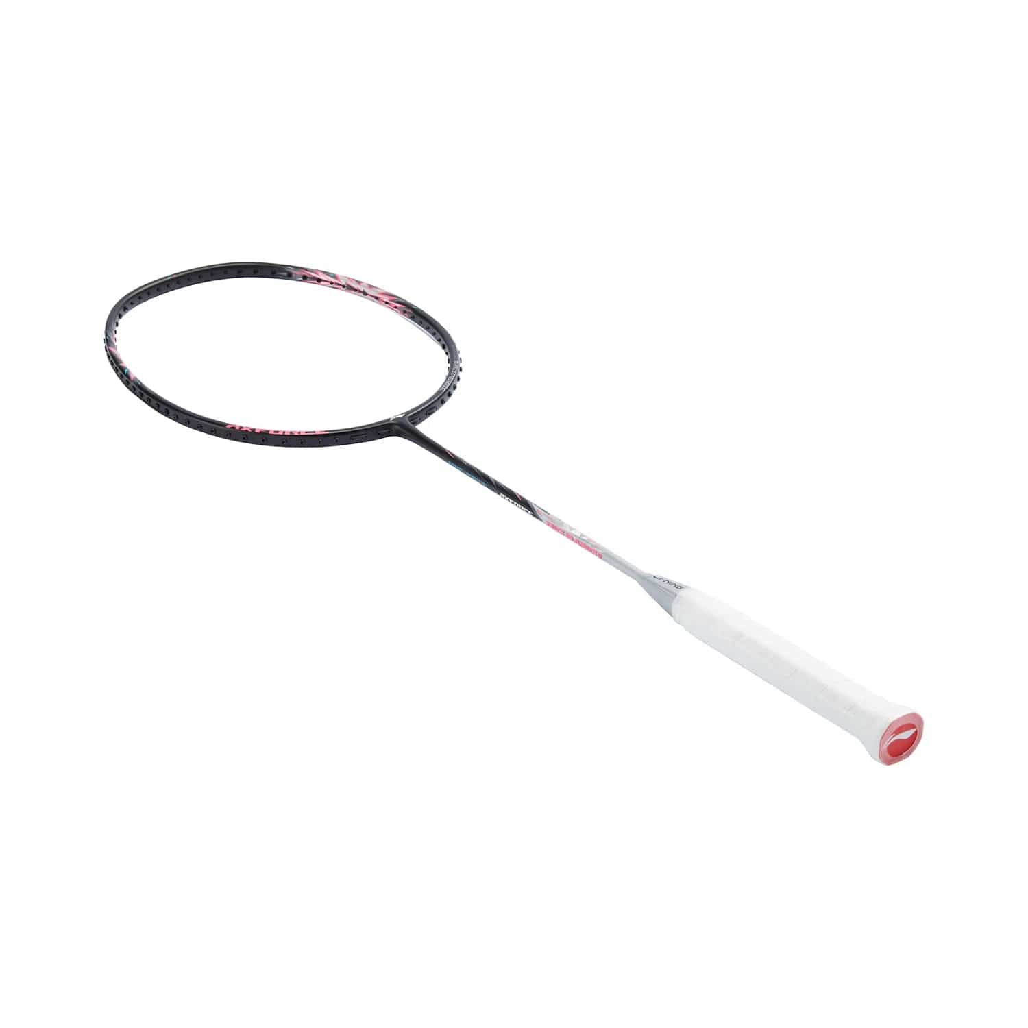The Li-Ning Axforce Big Bang 5U badminton racket, created for intermediate to advanced players, showcases a bold black and silver design with a pristine white grip, all set against a clean white background.