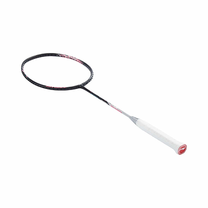 The Li-Ning Axforce Big Bang 5U badminton racket, created for intermediate to advanced players, showcases a bold black and silver design with a pristine white grip, all set against a clean white background.