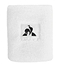 The Le Coq Sportif Sweatband in Optical White showcases a black logo at its center, illustrating a stylized swan with wings forming a circle. This sweatband from Le Coq Sportif effectively absorbs sweat and adds an elegant flair to any athletic outfit.