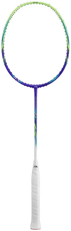 The Li-Ning Windstorm 72 Power 6U Badminton Racket - Purple is a lightweight racket with TB Nano Technology, a white grip, slim shaft, and a colorful blue, green, and purple frame by Li-Ning, shown on a white background.