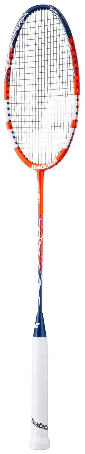 The Babolat Speedlighter 2026 Badminton Racket - Orange / White is an ideal choice for beginners or juniors, featuring a stylish orange and white frame with black strings and a comfortable white grip handle.