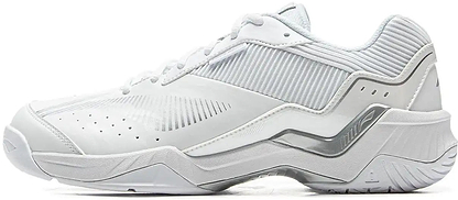 The Li-Ning Sonic Boom Unisex Badminton Shoes in white feature subtle silver accents, textured paneling, and a thick supportive sole for stability, showcased in side profile against a plain background.