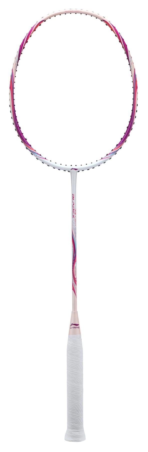 Introducing the Li-Ning BladeX 73-Light 6U Badminton Racket in pink, featuring a circular head and sleek patterned shaft. With advanced swing weight technology, a head-light balance, and expertly wrapped white grip material, it offers ultimate control.