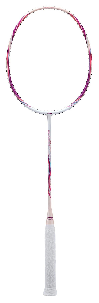 Introducing the Li-Ning BladeX 73-Light 6U Badminton Racket in pink, featuring a circular head and sleek patterned shaft. With advanced swing weight technology, a head-light balance, and expertly wrapped white grip material, it offers ultimate control.