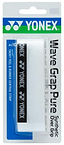 The Yonex AC108WEX Wave Grap Pure Badminton Overgrip in white comes in packaging with blue, green, and black accents. A clear window displays the grip, emphasizing Yonex branding and its non-slip, precision performance.